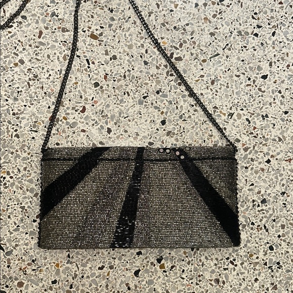 Mary Frances beaded bead embellished purse clutch black silver link champagne - Picture 5 of 9